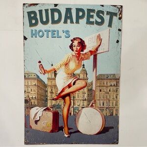 Budapest Hotel’s Retro Travel Poster Sign Art From Hungary Women With Suitcases.